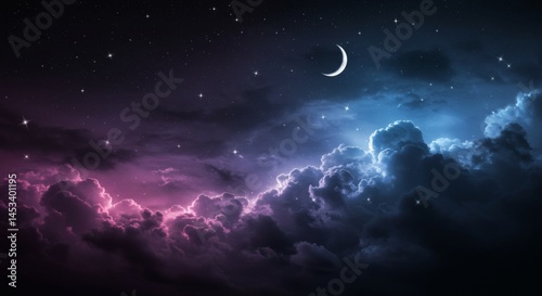Crescent Moon Shining in Starry Night Sky Over Colorful Clouds