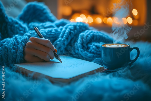 Woman Writing in Journal by Fireplace in Cozy Winter Setting