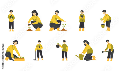 Flat vector illustration of children involved in gardening activities including planting trees, watering plants, and taking care of the environment. A perfect concept for educational materials.