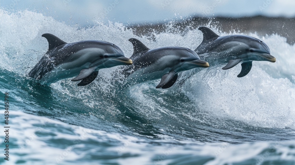 Obraz premium Three Dolphins Leaping Through a Wave
