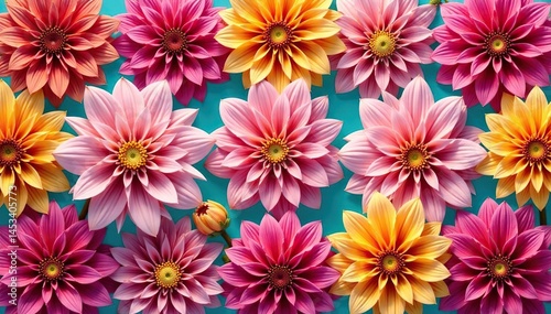 Intricate dahlia blooms, vibrant colors, repeating pattern, pattern, garden