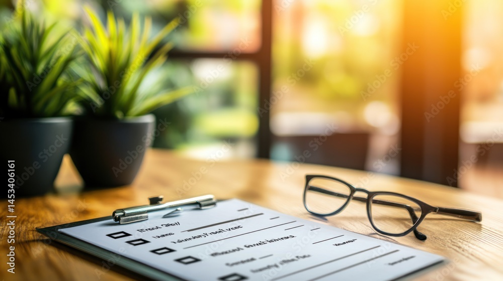 Obraz premium Checklist and eyeglasses on table in sunlight