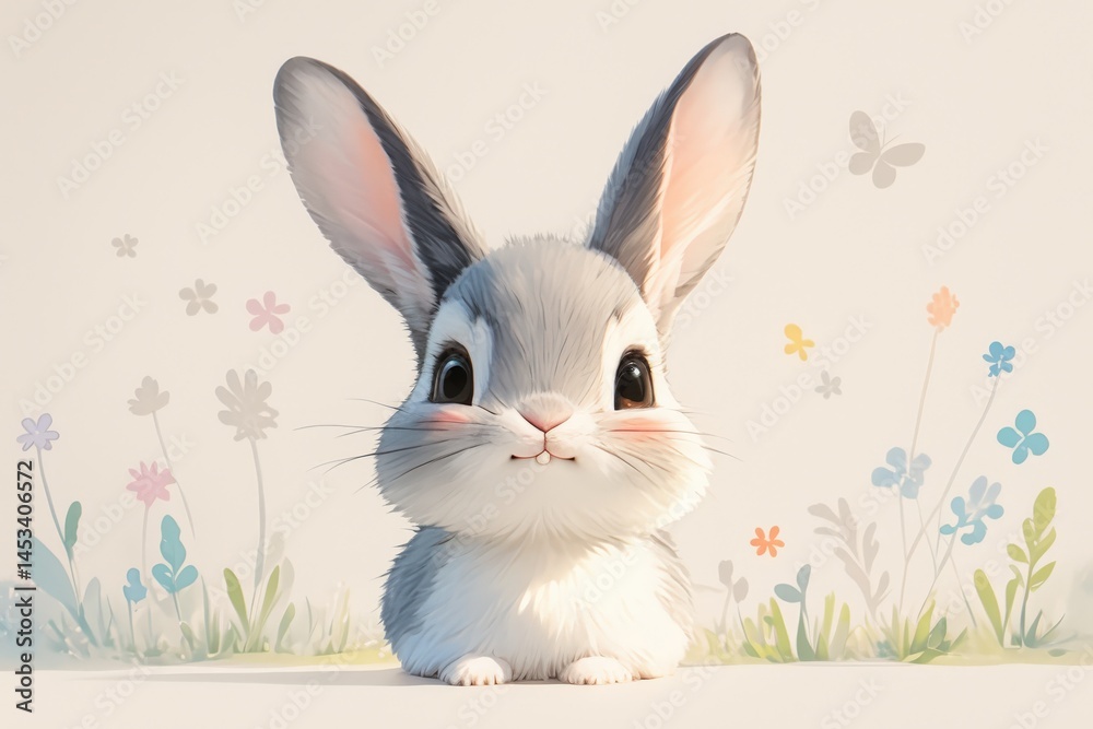 Fototapeta premium Cute bunny, with long ears, sits in a field of delicate flowers, a charming scene