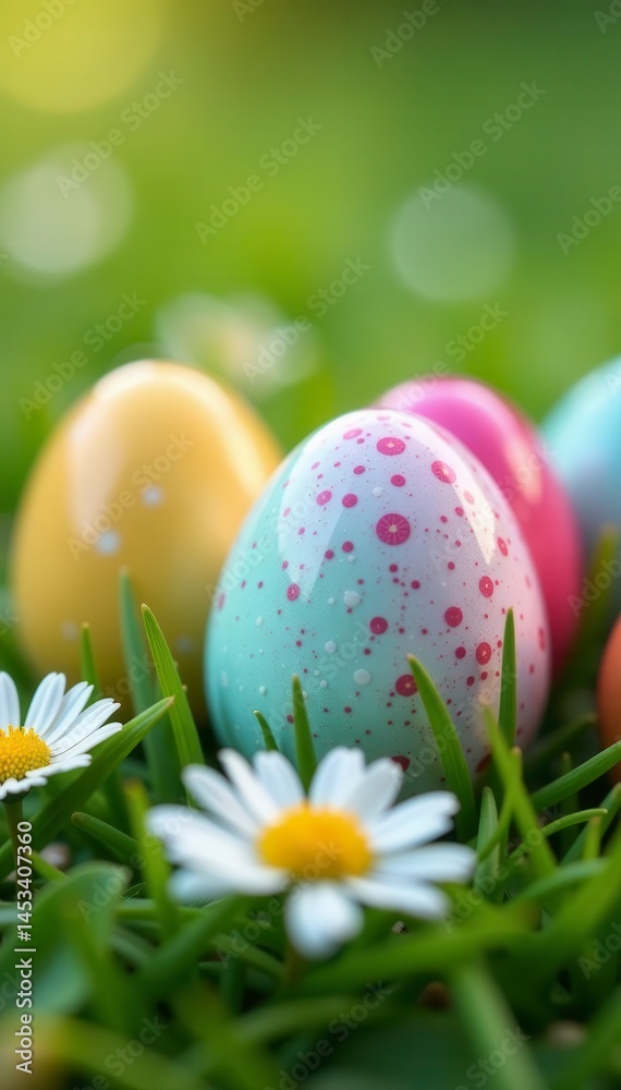Fototapeta premium Close-up, speckled Easter eggs, blurred daisy field, design, floral
