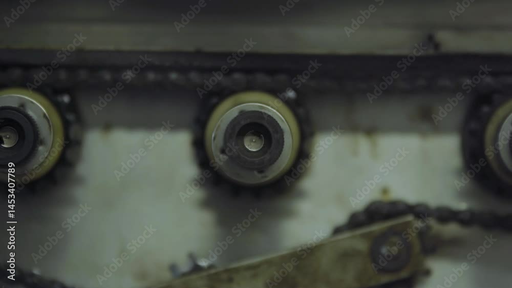 Engranaje en movimiento, cadena de engranajes industriales en acción, maquinaria mecánica, proceso de fabricación y tecnología antigua. Sistema de engranajes en funcionamiento, maquinaria vintage. 
