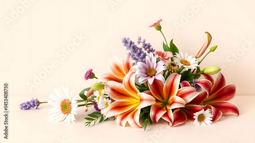 Minimalist Floral Arrangement with Elegant Statice Daisies and Lilies on One Side Simple Background with Copy Space for Design
