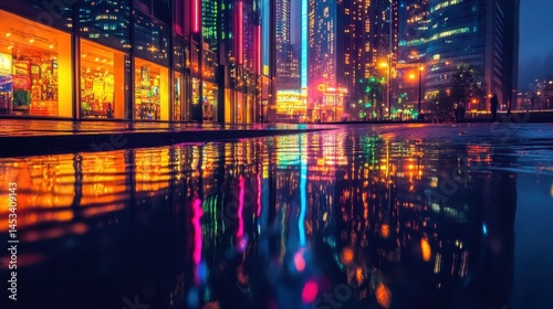 Horizonte urbano nocturno reflejado en agua tranquila, luces coloridas de la ciudad brillando, 