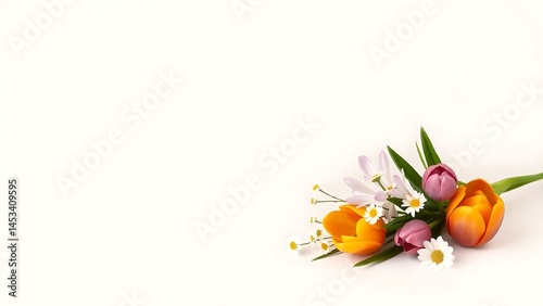 Minimalist Floral Arrangement with Tiny Crocuses Daisies and Tulips Elegant Background Copy Space on One Side
