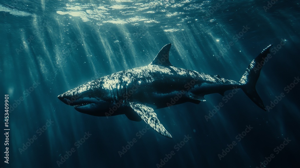 Fototapeta premium A sleek megalodon swimming gracefully in deep blue ocean waters, surrounded by faint light rays