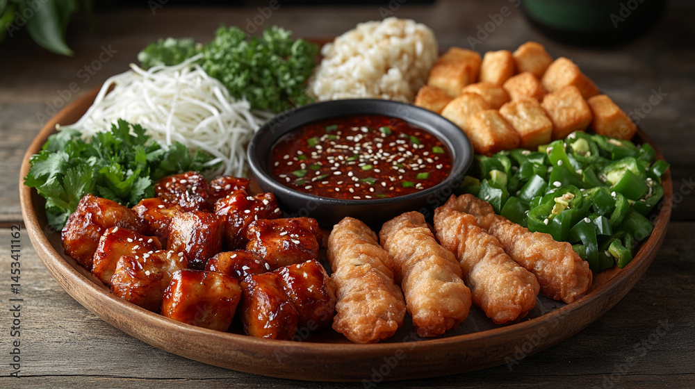 Colorful Asian sharing platter with spring rolls, fried chicken, prawn toast, gyoza, chopped peppers, and oyster sauce in a bright setting, symbolizing unity, celebration, and culinary tradition.
Colorful Asian sharing platter with spring rolls, fried chicken, prawn toast, gyoza, chopped peppers, and oyster sauce in a bright setting, symbolizing unity, celebration, and culinary tradition.
