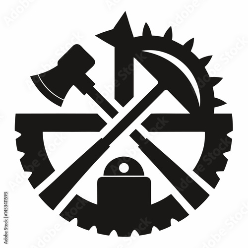 Cross hammer and woodworking tools saw blade circular sawmill blades icon black vector on white background.