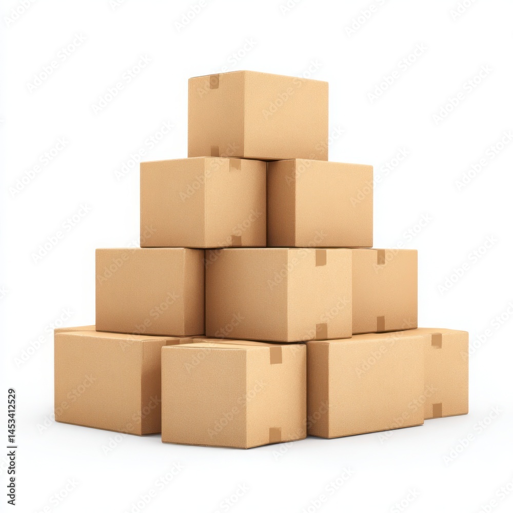 Stacked Cardboard Boxes - Packaging, Shipping, Delivery, 3D Render - White Background Stacked Cardboard Boxes - Packaging, Shipping, Delivery, 3D Render - White Background