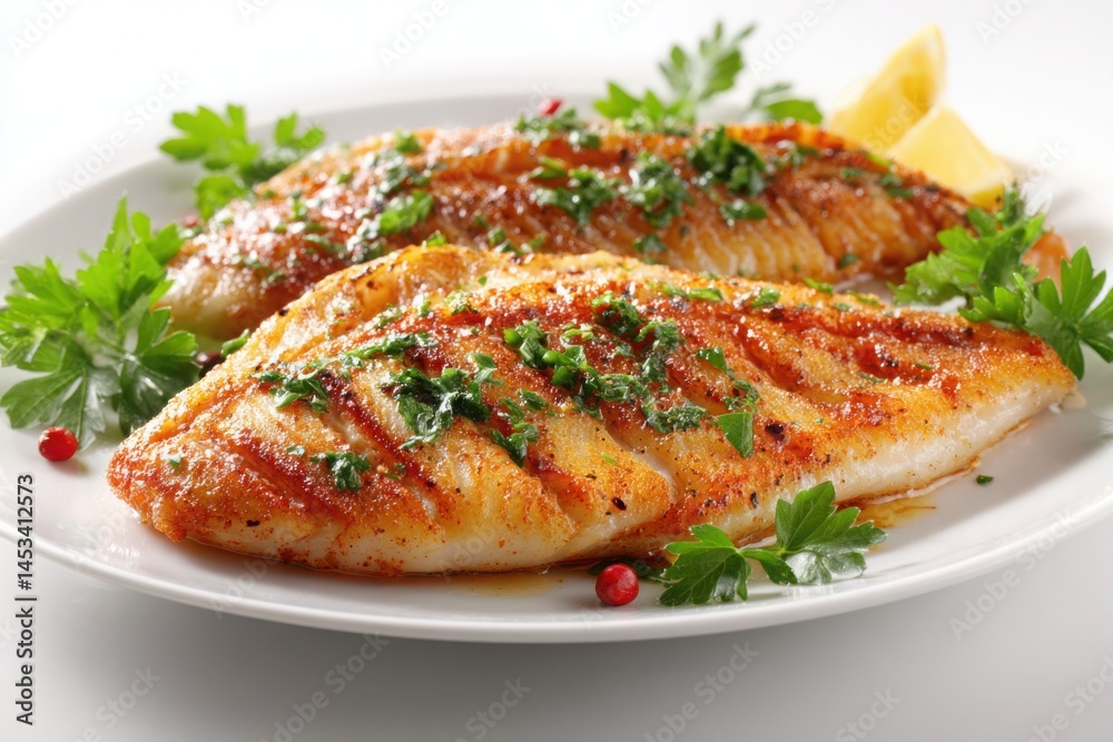 Grilled Fish Fillets with Herbs and Lemon on White Plate, Food Photography Grilled Fish Fillets with Herbs and Lemon on White Plate, Food Photography