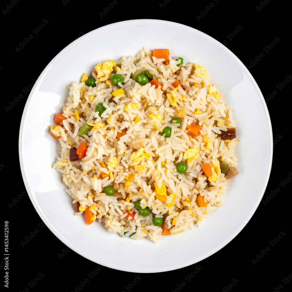 A plate of white fried rice isolated on a black background