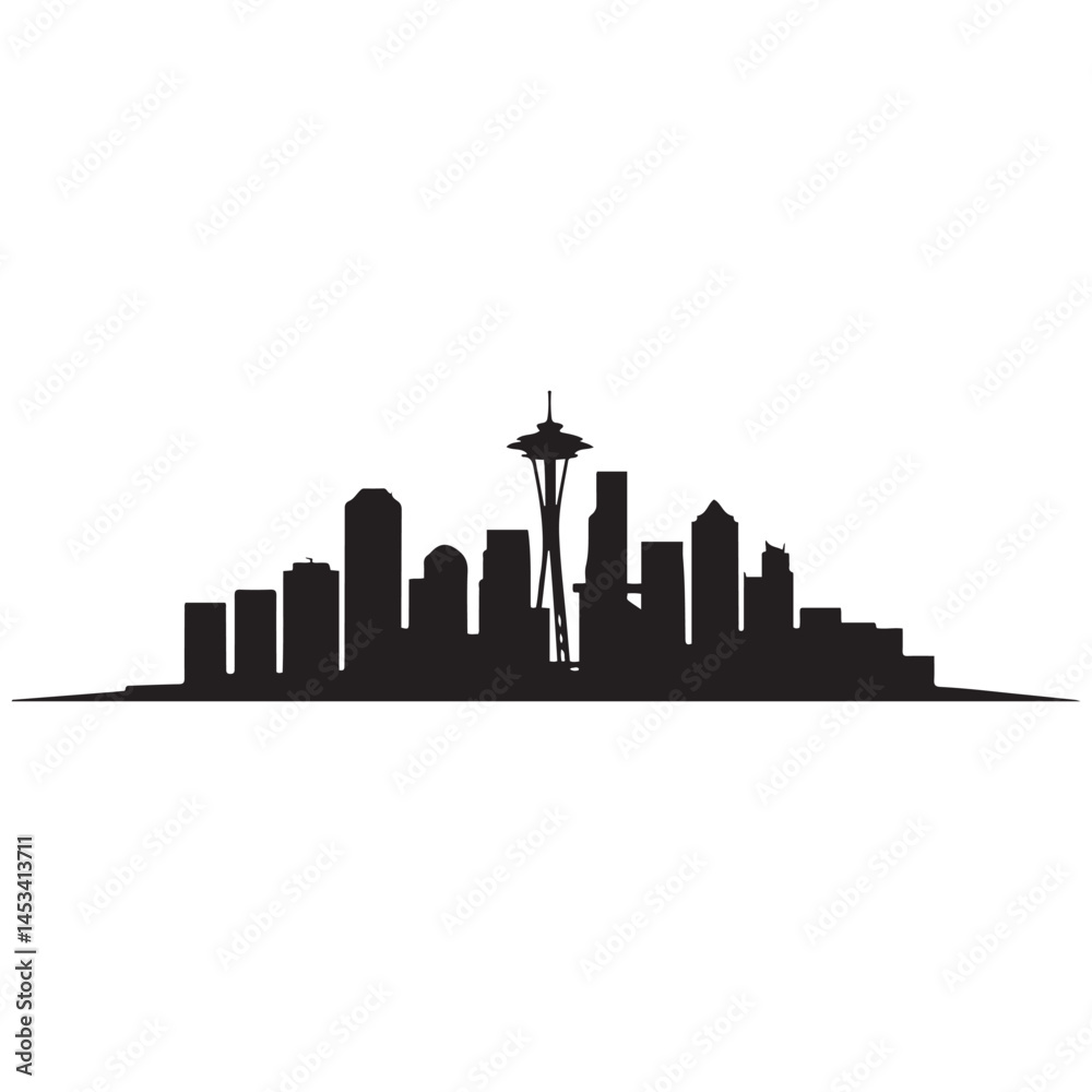 Fototapeta premium Seattle skyline horizontal banner. Vector Black silhouettes. with white background of Los Angeles, California. Vector template for your design.