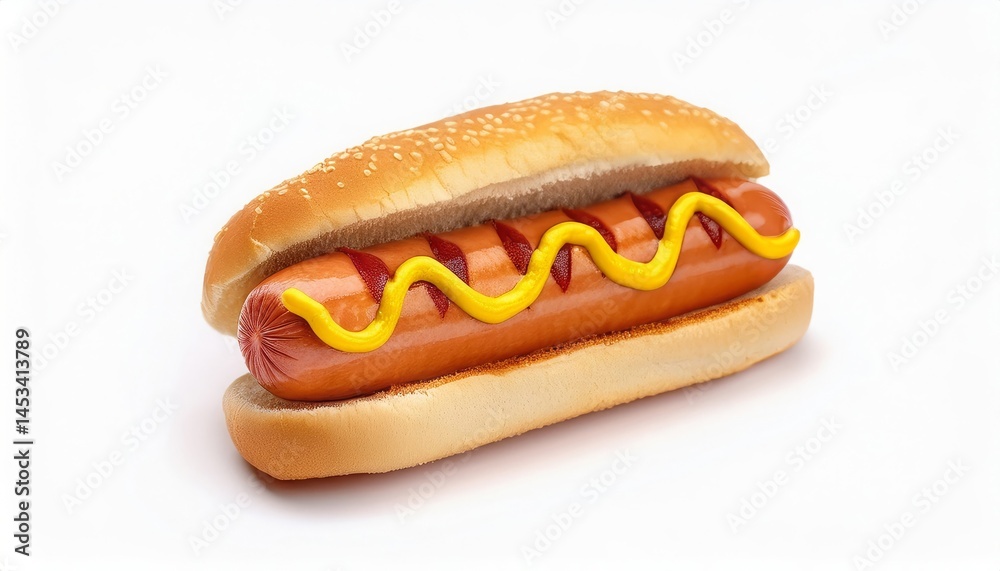 Delicious Hot Dog in Soft Bun with Mustard and Ketchup Perfect Fast Food Meal Delicious Hot Dog in Soft Bun with Mustard and Ketchup Perfect Fast Food Meal