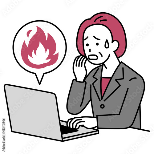 SNSが炎上して困惑している中年のスーツの女性（ノートパソコン）