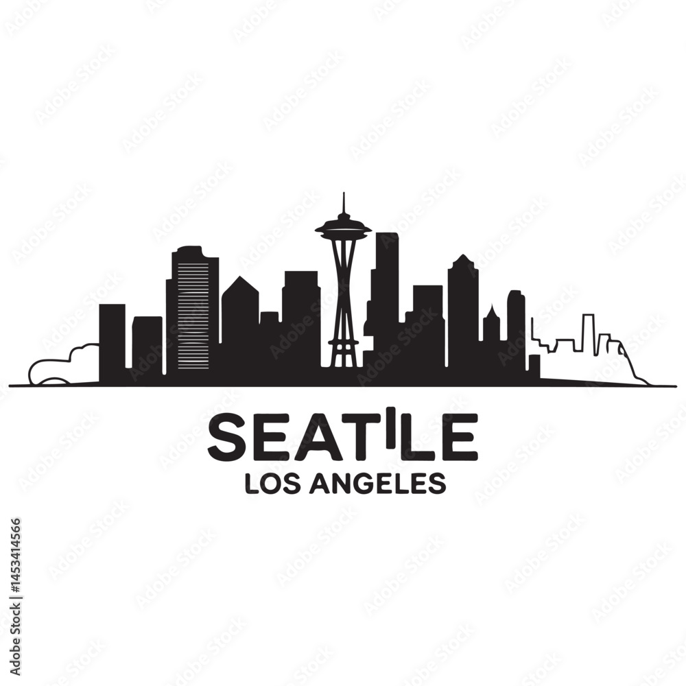 Naklejka premium Seattle skyline horizontal banner. Vector Black silhouettes. with white background of Los Angeles, California. Vector template for your design.