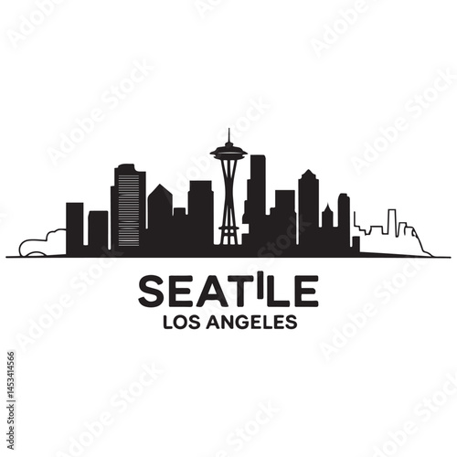 Seattle skyline horizontal banner. Vector Black silhouettes. with white background of Los Angeles, California. Vector template for your design.