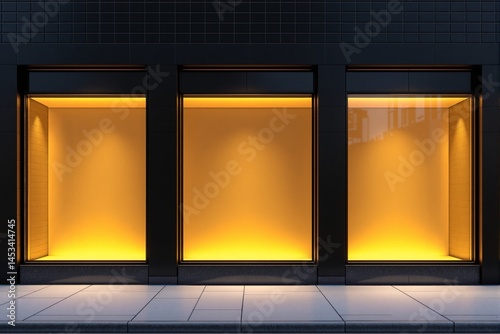 Three empty store display windows lit with warm yellow lighting on a tiled building exterior, showing a creative business concept in an urban setting. Ai generative