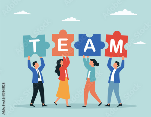 Vector illustration of business people putting hands up and holding puzzle pieces
