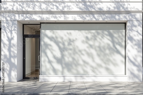 Obraz na płótnie Empty shop facade with large frosted window and glass door under daylight, clean minimalist look with tree shadows on white wall, creative business concept. Ai generative w salonie