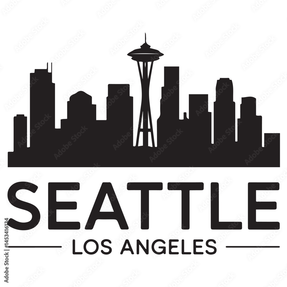 Fototapeta premium Seattle skyline horizontal banner. Vector Black silhouettes. with white background of Los Angeles, California. Vector template for your design.