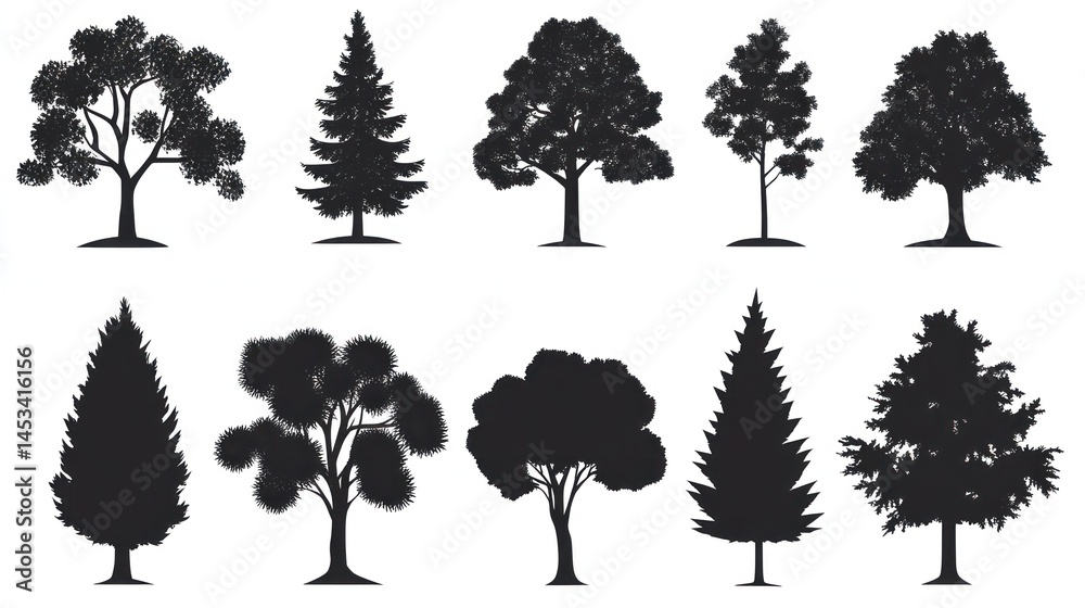 Fototapeta premium Silhouettes of Various Trees on White