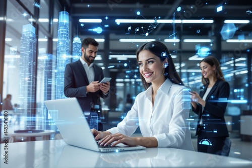 Team of business professionals in a high-tech office using laptops and tablets, surrounded by digital graphics and cityscape holograms, futuristic concept. Ai generative