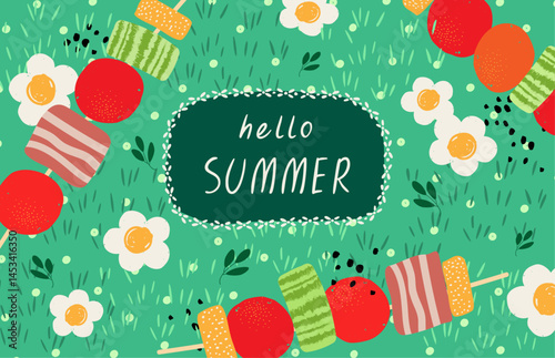 summer grainy textured background , wallpaper  or banner with food, barbecue, vegetables, daisy and green grass, hand drawn elements, creative vector illustration