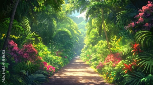 Lush Tropical Paradise: A Sun-Dappled Path Through Vibrant Foliage