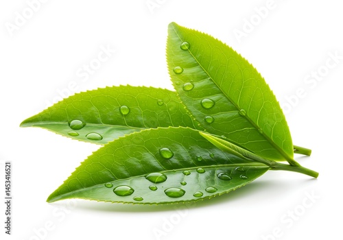 A close up of three green tea leaves with water droplets on a white background in sharp focus view