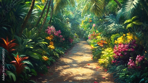 Sunlit Path Through Lush Tropical Paradise