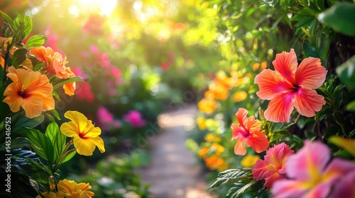 Vibrant Hibiscus Garden Path: A Summer's Day in Bloom