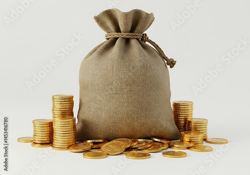A full money bag with stacks of gold coins on a white background in a studio shot with soft lighting