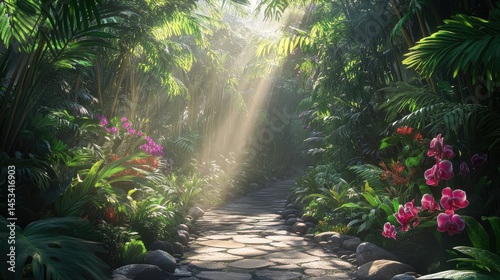 Serene Tropical Garden Path: Sunlit Stone Walkway Through Lush Foliage and Vibrant Orchids