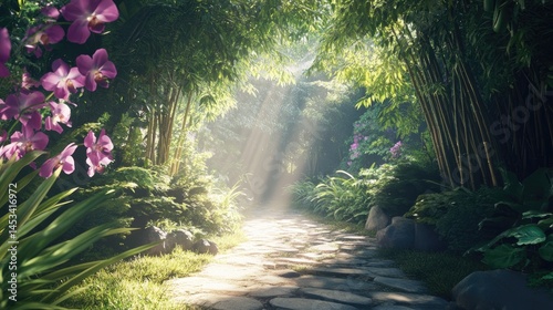 Sunlit Path Through Lush Bamboo Forest