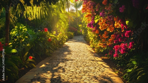 Sunlit Garden Path: A Tranquil Stroll Through Vibrant Blossoms