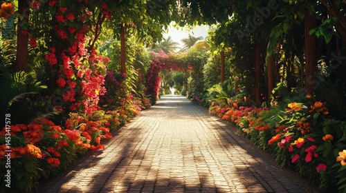 Sunlit Pathway Through a Vibrant Tropical Garden