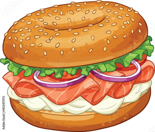 This is an illustration of a bagel sandwich, featuring a sesame seed bagel with cream cheese, salmon, red onion, tomato, and lettuce.