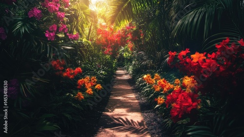 Enchanted Garden Path: A Sun-Drenched Walk Through Lush Tropical Flowers