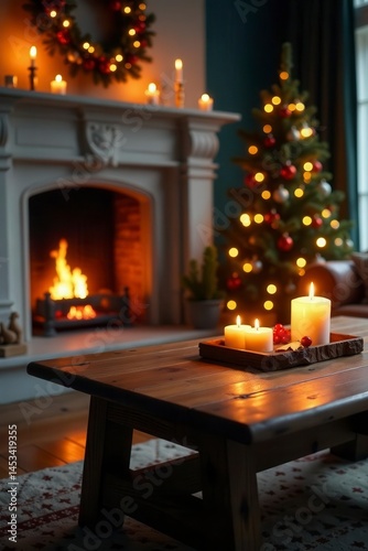 Warm wood table, festive living room, glowing fireplace, cozy, house
