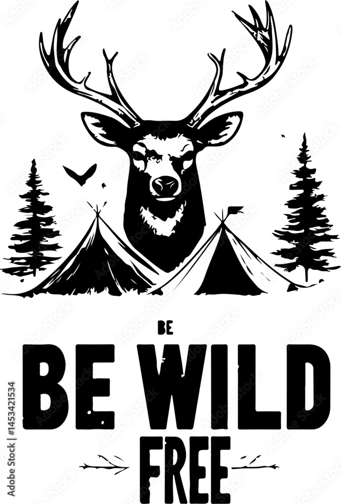 Fototapeta premium Black and White Illustration of a Deer with Antlers, Birds, Mountains, and the Text
