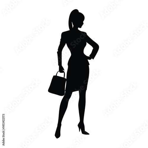 Black silhouette illustration of a business woman figure with a handbag, a stylish vector art of a walking lady
