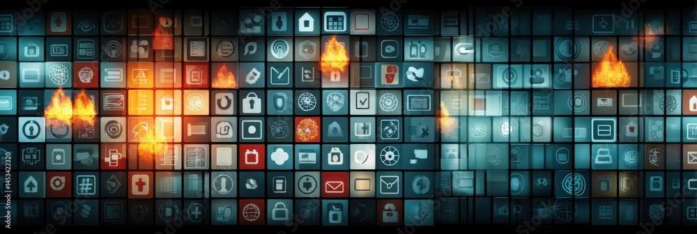 Fototapeta premium Digital Representation of Firewalls and Bans Isolating Various Application Icons Across a Tech Backdrop Generative AI