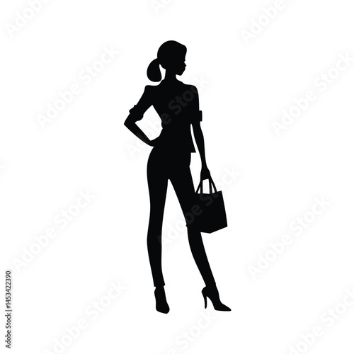 Silhouette of a stylish woman with shopping bags walks, a vector illustration of fashion and sale