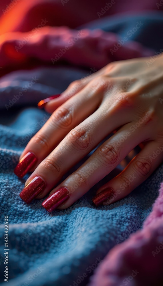 Fototapeta premium Elegant hand, shimmering nails, sunset-hued blanket, orange, red, detail