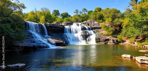 Fototapeta Naklejka Na Ścianę i Meble -  McKinney Falls State Park's cascading waterfall and tranquil river , photography, rocks