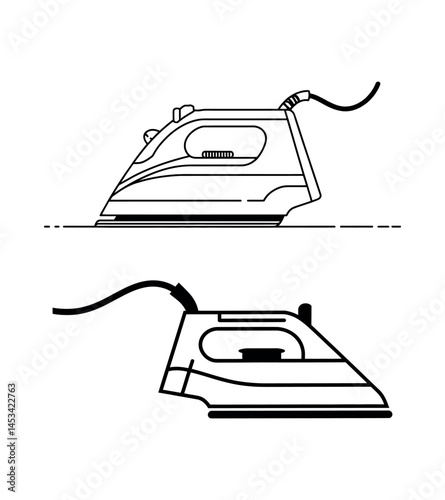 Simple Line Drawing of Household Iron in Minimalist Black and White Sketch with Two Views and Clean Lines, Monochrome Artwork in Technical Diagram Style
