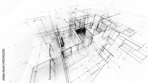Architectural blueprint of a modern interior layout showcasing detailed measurements and spatial design in a 3D perspective